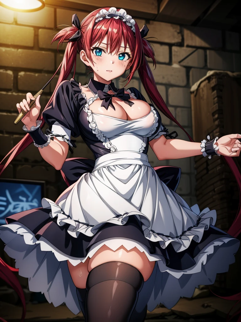 Tabletop, highest quality, Airlive 4, Thighs Thighs Thighs, black Thighs Thighs Thighs, apron, zettai ryouiki, Maid, Maidの頭飾り, Cleavage, Wrist cuff,One girl,,(Spanning the viewer:1.4),Sweaty(,Dark basement:1.4)