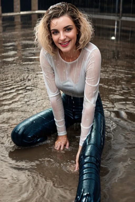(wide flares on jeans:1.2), (Water-soaked clothing:1.17), (Best Quality,high resolution,bokeh:1.2),two woman,Pronounced wrinkles,platinum blonde hair,((very short frizzy Blunt Textured bob haircut)),Detailed eyes and face,white blouse,(standing:1.0),(big smile), (((sitting in a puddle at night in the pouring rain))), SoakingWetClothes, ((black high heel pumps)), ((show heels)), jeans are wrinkled from wetness, (((wet hair))) , water pouring through clothes and hair,  