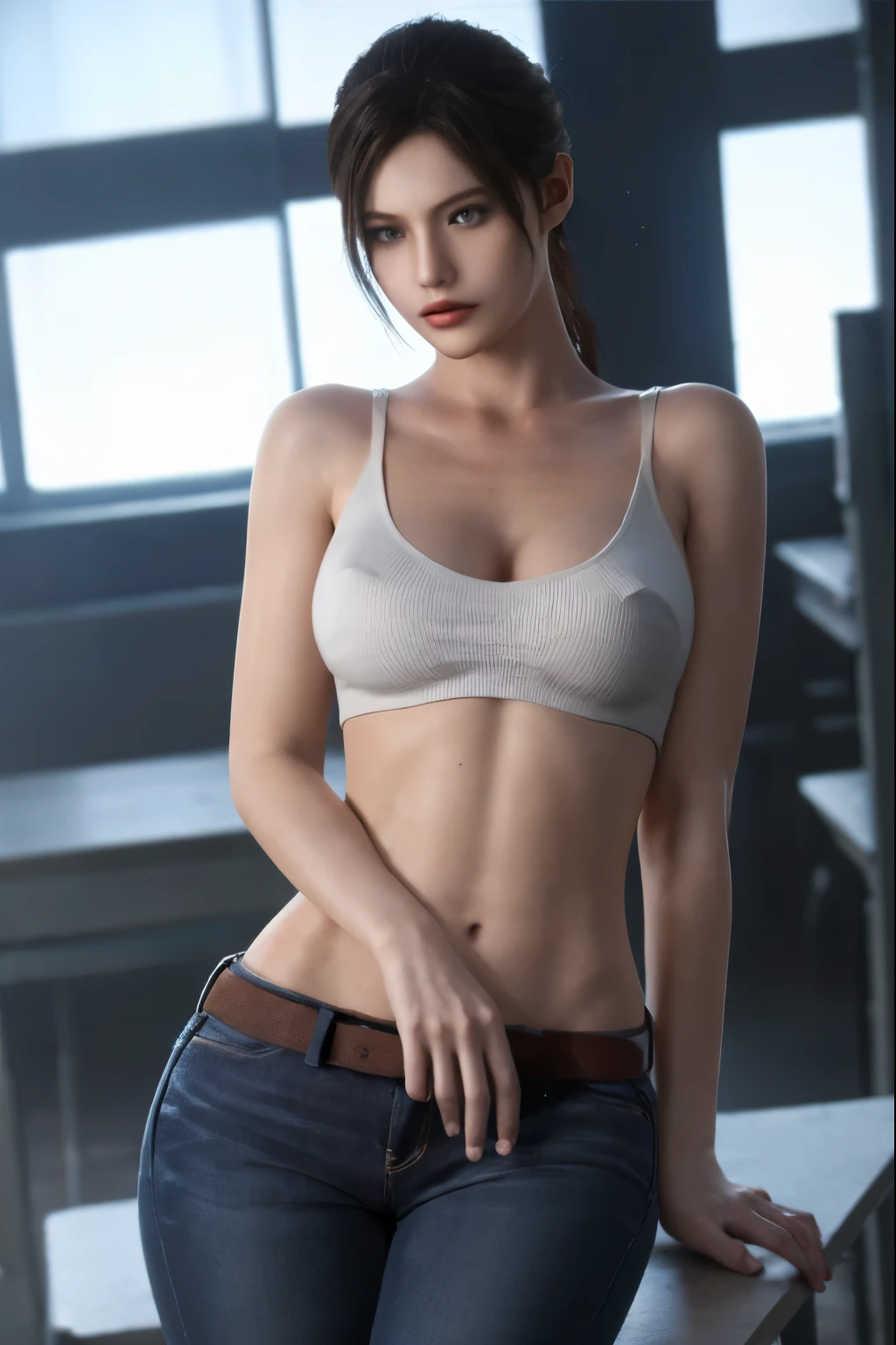 (masterpiece, best quality), 1girl , claireredfield2, wear jeans, in school