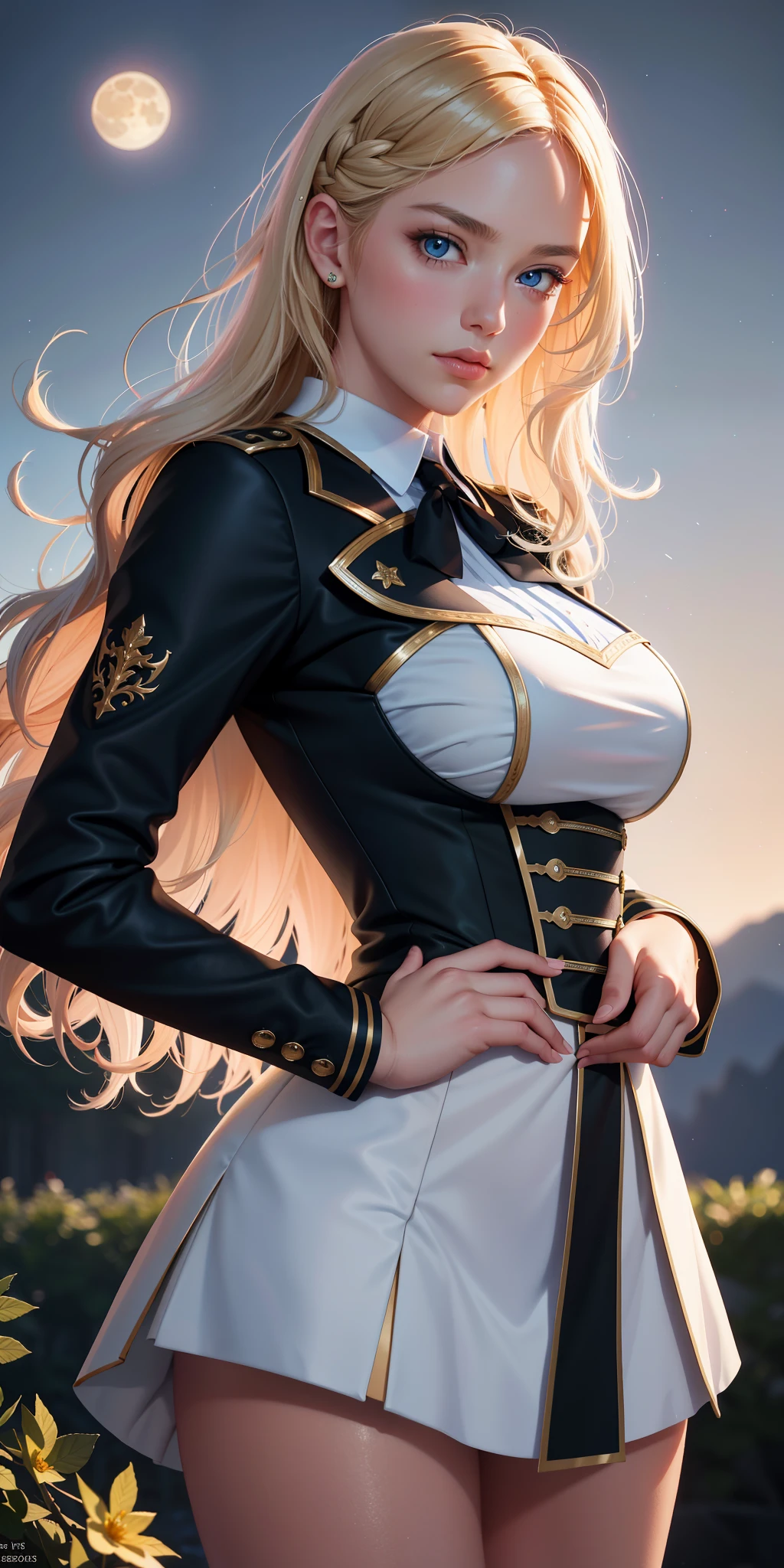 realistic, 1girl, Accent lighting, brightness, masterpiece, best quality, 1girl, long blonde wavy hair, blue eyes, equestrian uniform, (masterpiece:1.4), best quality, ((realistic)), high quality, ultra detailed, (illustration:1.05), (beautiful:1.05), (beautiful detailed eyes:1.05), (cinematic light:1.1), blush, moon, night, roses, pastel pink, gothic tetradic colors, glitter, big breasts, thick thighs