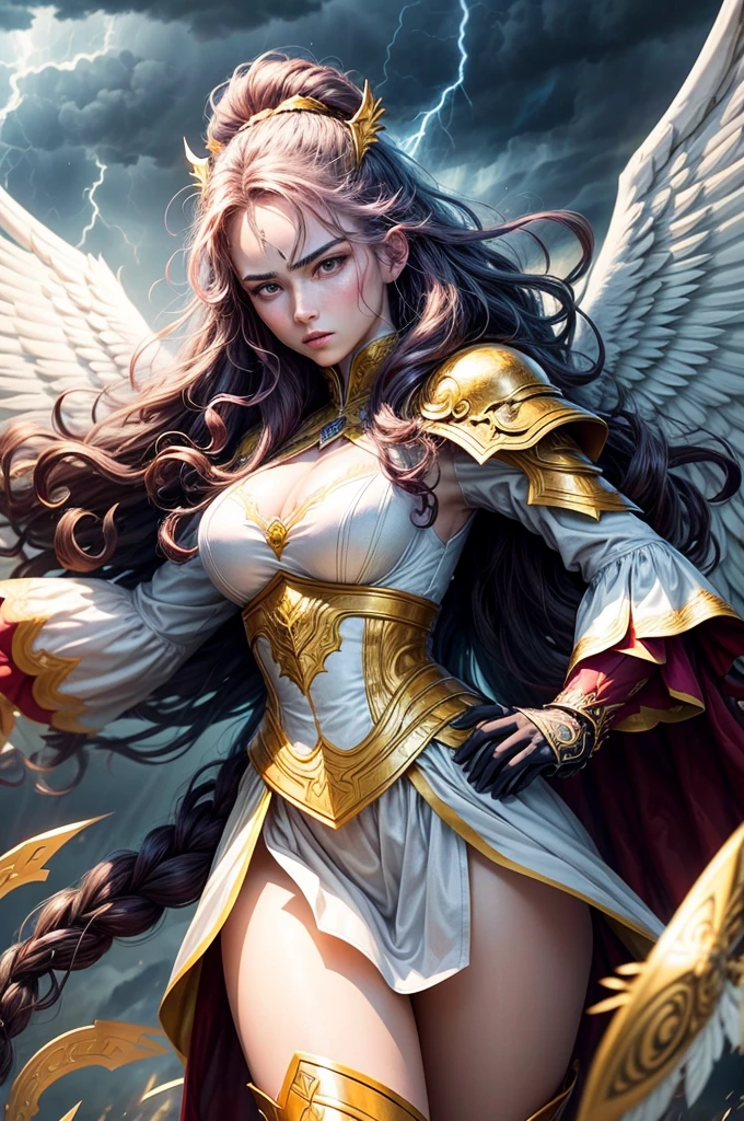 glorious victory scene,vivid colors,beautiful vintage warrior woman with very big white open wings,beautiful angry face,curly long hair,face to face with observer,white armor with gold embroid details, dynamic angle, storm sky and lightning clouds background
