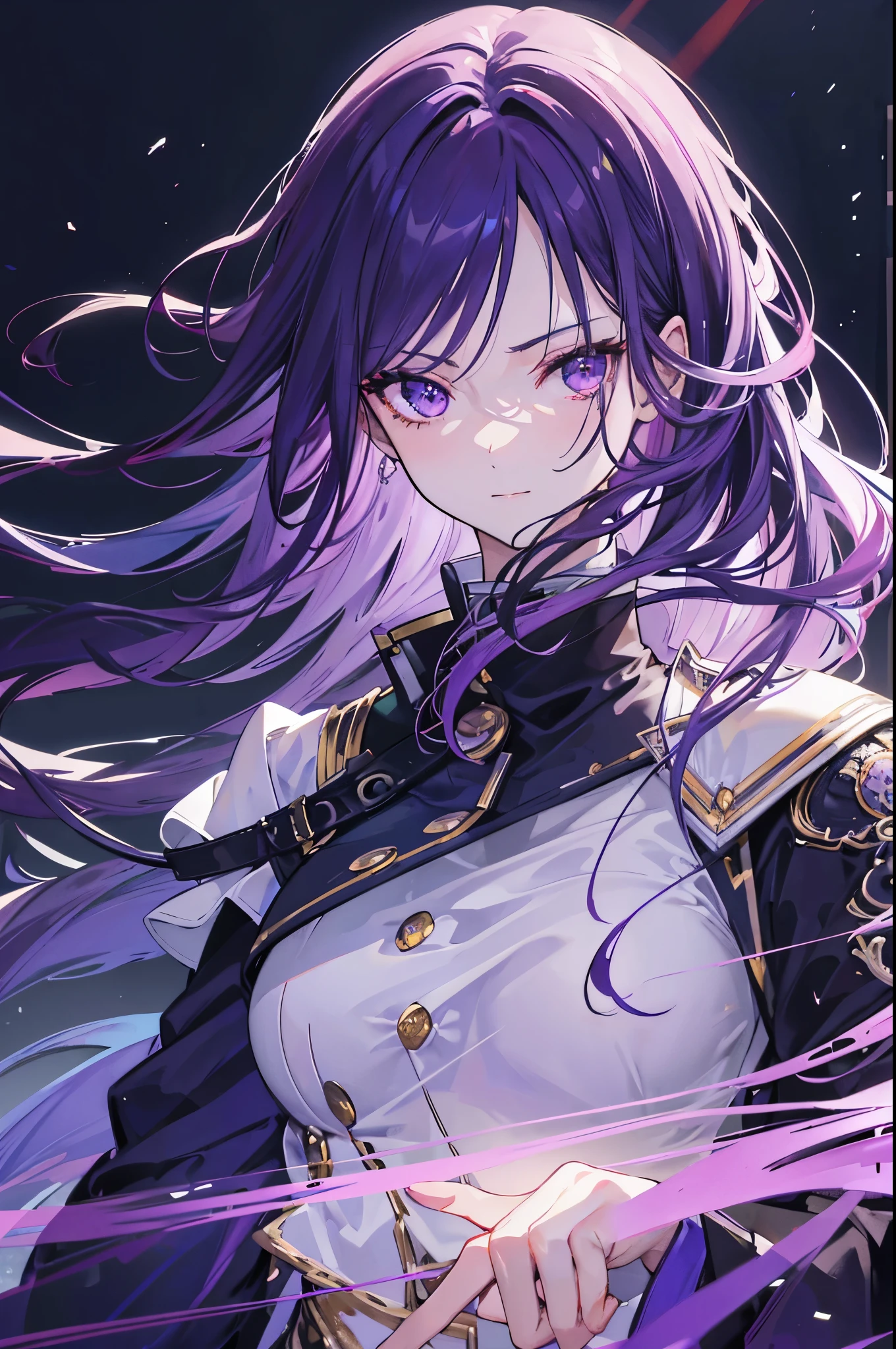 mature, woman, tall, slim, intelligent, serious, dressed royally, purple hair, hair over shoulder, long hair, wavy hair, eye reflection, glowing eyes, purple eyes, light smile, Surrealism, Color Field painting, high detail, anime, Expressionism, cinematic lighting, depth of field, glowing light, god rays, ray tracing, reflection light, backlighting, blending, silhouette, vignetting, UHD, retina, masterpiece, ccurate, anatomically correct, textured skin, super detail, high details, high quality, award winning, best quality, highres, 16k
