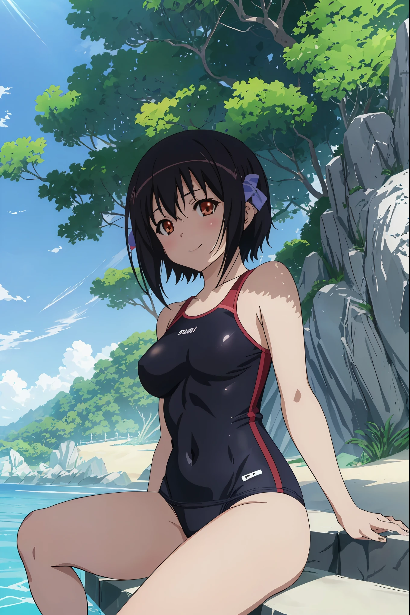 [anime styled]],[[digitalart]],nsfw,Tomomi_saikyou,black hair,Short hair,bob cut,hair ribbon,midium build,separate swimming wear,sandy beach,sitting,summer,1girl in,short torso,anime screen cap,cel shading,smile, (strong light)、((brighten the subject)),pin-up girl pose