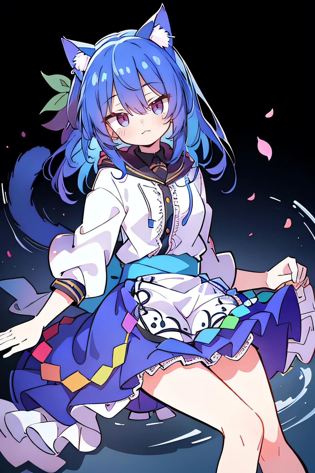 (masterpiece:1.2),Super detailed,lifelike,Expressive eyes,fair skin,perfect face shape,1 girl,
Japanese comics,Gorgeous blue hair,flowing blue hair,flowing clothes,Cat ears,Petals fall,beautiful lola,Baby Angel,
Shaking head with one hand,Lying gracefully on the ground,Cross your legs,Gentle and peaceful background,The pavilion is cool and comfortable,smile, wearing hoodie, background of tokyo.