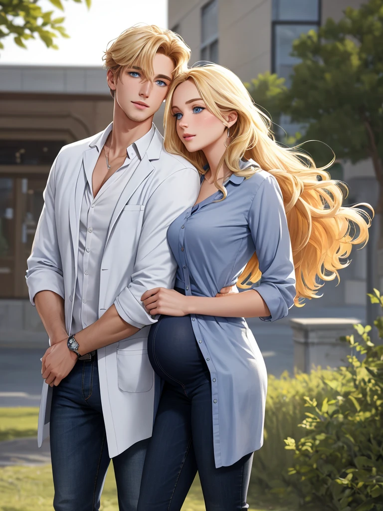 The picture shows a couple (only one man and only one woman). A handsome, tall, courageous, athletic young man, golden-haired blond, with short curly golden hair, bright blue eyes, he is a doctor, dressed in medical clothes. He hugs an incredibly beautiful pregnant young blonde femme fatale with very short wheat-colored hair, gray-blue eyes, wearing a chiffon blouse tucked into jeans. detailed drawing of the face, a beautiful face, beautiful facial features. black jeans with a low fit. a full-length shot. hands in the pockets of his trousers. Masterpiece, detailed study of the face, beautiful face, beautiful facial features, perfect image, realistic photos, detailed study of faces, full-length image, 8k, detailed image. an extremely detailed illustration, a real masterpiece of the highest quality, with careful drawing. full-length image.
