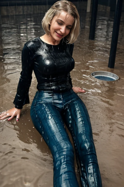(wide flares on jeans:1.2), (Water-soaked clothing:1.17), (Best Quality,high resolution,bokeh:1.2),two woman,Pronounced wrinkles,platinum blonde hair,((very short frizzy Blunt Textured bob haircut)),Detailed eyes and face,white blouse,(standing:1.0),(big smile), (((sitting in a puddle at night in the pouring rain))), SoakingWetClothes, ((black high heel pumps)), ((show heels)), jeans are wrinkled from wetness, (((wet hair))) , water pouring through clothes and hair,