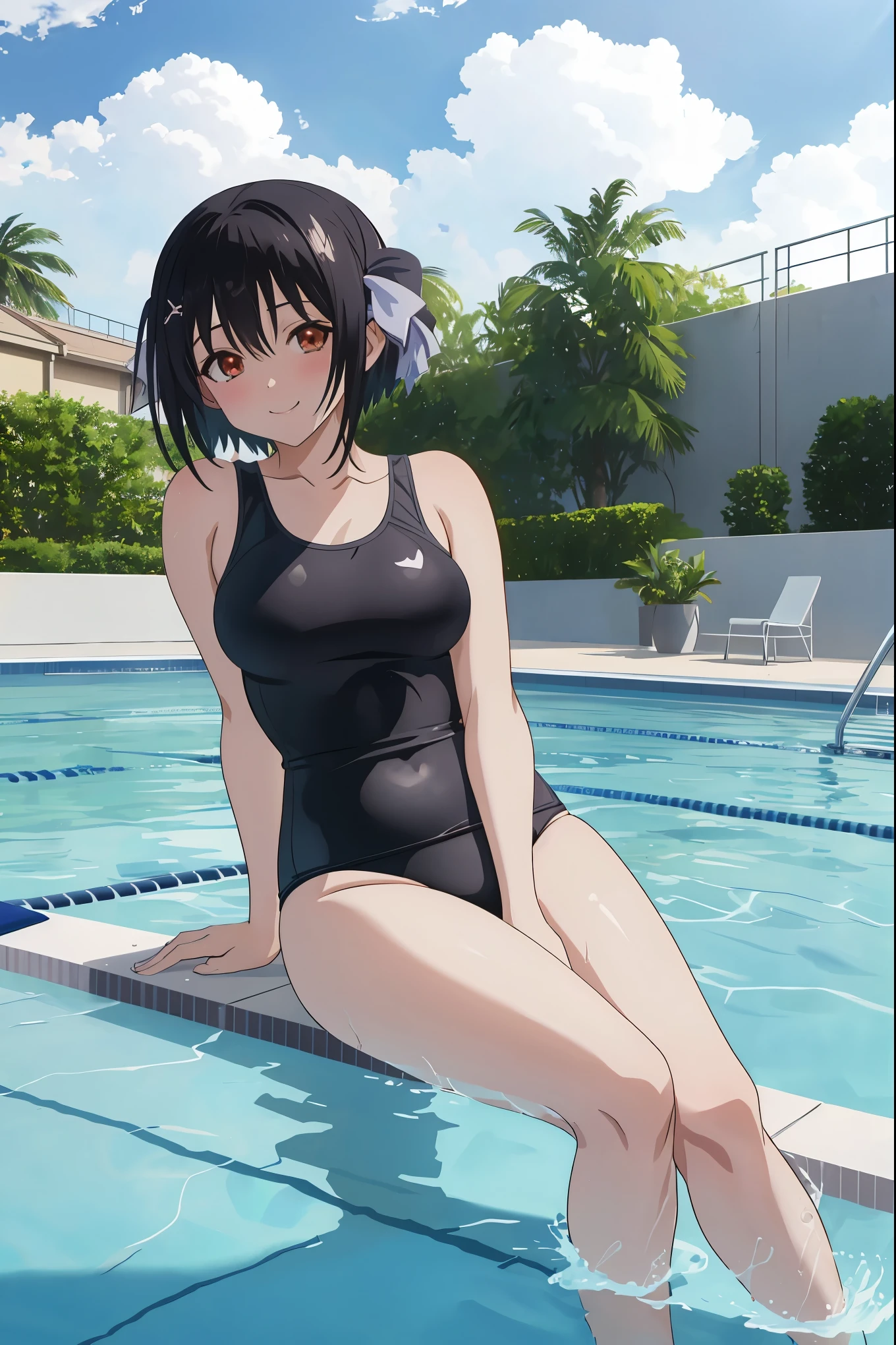 [anime styled]],[[digitalart]],nsfw,Tomomi_saikyou,black hair,Short hair,bob cut,hair ribbon,midium build,separate swimming wear,T-shirt,pool side,sitting,soak a foot in water,summer,1girl in,short torso,anime screen cap,cel shading,smile, (strong light)、((brighten the subject)),pin-up girl pose