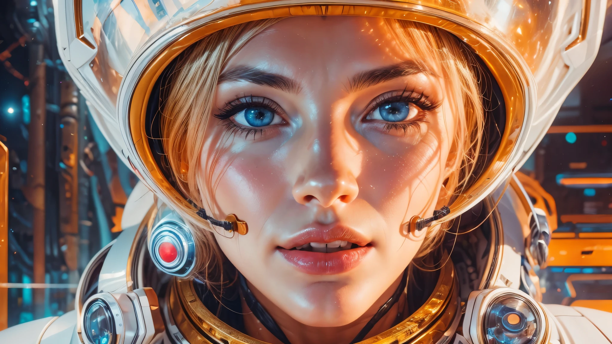 arafed image of a white woman in a futuristic suit with a spaceship in the background, movie art, in front of an orange background, inspired by Robert McGinnis, female protagonist, Highly Detailed Face and Skin Texture, Detailed Eyes, Double eyelids, megastructure in the background, portrait of an ai astronaut, astronauts, an astronaut, portrait of a astronaut skeletor, perfect android girl, detailed eyes, perfectly detailed teeth, frank franzzeta and sakimichan