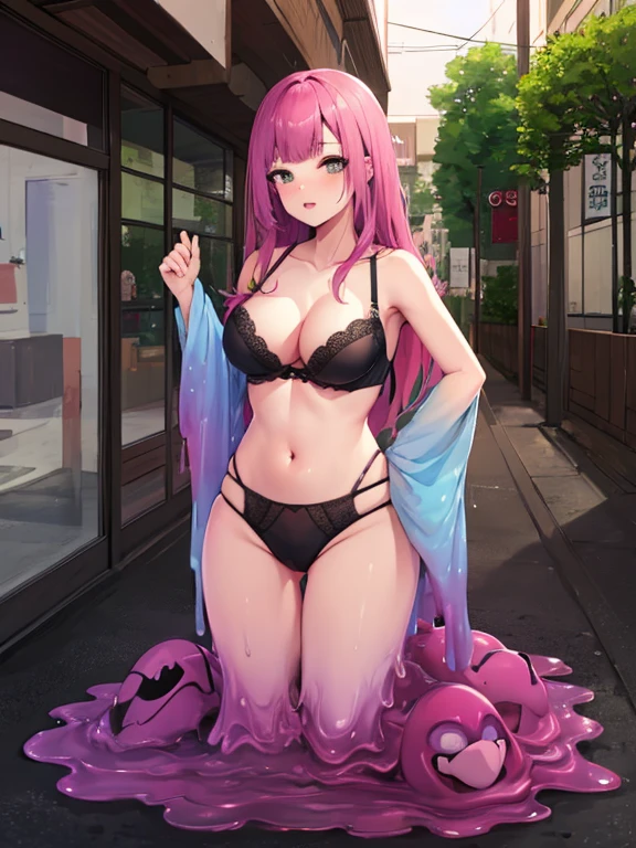 8k quality,masterpiece,best quality,(Japanese ),((beautiful girl)),cleveage,Shopping street,(Perfect body beauty:1.2),Black underwear and outerwear,Shopping,open your clothes,two women,Slime Shapeshifter,Get into the sewer,Half of the body is on the wall