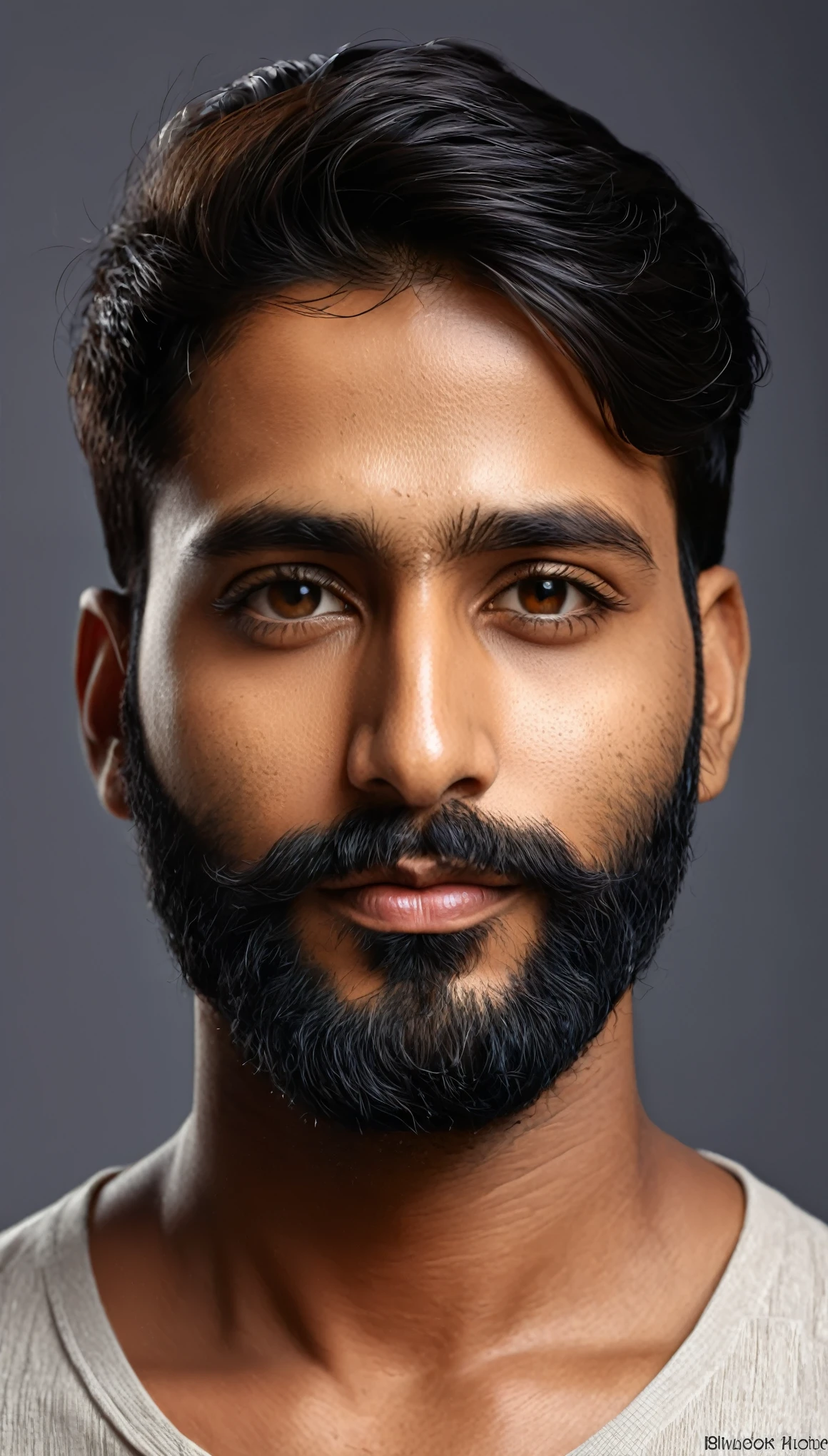 "Create an ultra-realistic portrait of an Indian handsome bearded man. The image should be an in-depth front-facing close-up of the man's face, emphasizing sharp facial features and detailed beard. Include the following key elements:
Sharp Facial Features: Highlight a defined jawline, prominent cheekbones, and well-structured nose to create a striking portrait.
Detailed Beard: Depict a well-groomed beard with visible individual hairs, showcasing natural growth patterns and texture.
Eyes and Expression: Focus on the eyes to capture depth and character, ensuring the expression is confident or neutral, adding to the portrait's realism.
Lighting and Shadows: Use dynamic lighting to accentuate the sharpness of facial features, creating depth and a sense of dimension. Balance shadows and highlights for a realistic effect.
Skin Texture: Include realistic skin details, like pores, fine lines, or subtle imperfections, to enhance the portrait's authenticity.
Background: Keep the background simple and neutral to avoid distractions, focusing on the man's face. A subtle blur or gradient can be used to emphasize the subject.
Clothing and Accessories: Add minimal clothing elements or accessories, such as a simple shirt collar or traditional Indian jewelry, without overshadowing the face.
Generate a detailed portrait that meets these specifications, emphasizing ultra-realistic close-up characteristics and sharp facial features in a front-facing view."