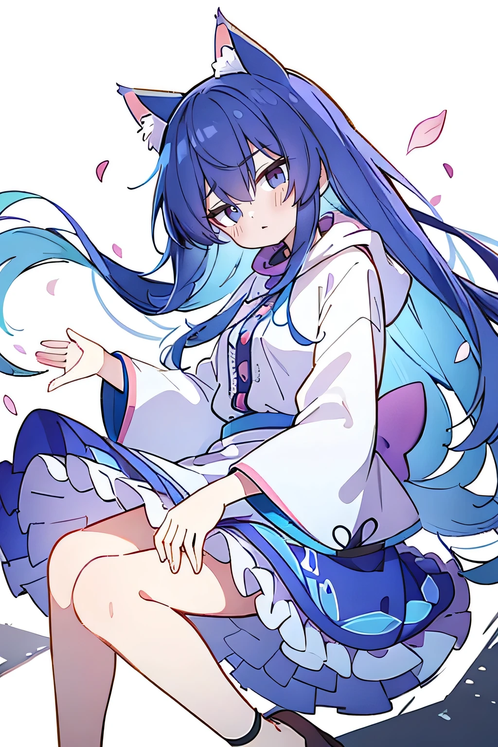 (masterpiece:1.2),Super detailed,lifelike,Expressive eyes,fair skin,perfect face shape,1 girl,
Japanese comics,Gorgeous blue hair,flowing blue hair,flowing clothes,Cat ears,Petals fall,beautiful lola,Baby Angel,
Shaking head with one hand,Lying gracefully on the ground,Cross your legs,Gentle and peaceful background,The pavilion is cool and comfortable,smile, wearing hoodie, background of tokyo.