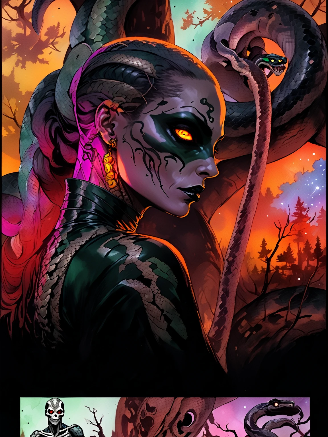 Medusa, splash page decompressed comic cover art, ink style figure,((expressive Joelle Jones and "Sean Gordon Murphy" comic drawing)), wordless, cinematic poster, double exposure, optical illusion, image within image, abyss void black no visibility darkness, full length portrait, (background, pine barrens, entropy, rewilding, magic hour sunset, galaxy stars, cosmos), (horror, abstract, surreal, body, cosmic), candid, snake skin dress, morphology anatomy drawn Frederic Delavier musculature anatomical illustration, (face, ornate black metal corpse paint, resembles Grace Jones), (body, Naga, snakefolk, lower body snake tail, snake woman hybrid, bald, hairless, skeleton, snake skin tattoos, piercing eyes, snake pupils, over the shoulder), (colors, bleak muted deep fiery radiant glowing ROYGBIV, forest green, earth brown), craftsmanship nuance, (Gerardo Zaffino charcoal), subliminal orchids, nyctophobia, silhouette