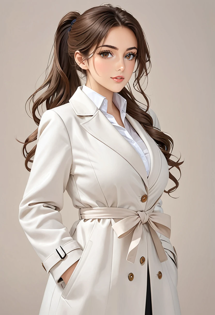 Italian girl, 25 years old, wavy brown hair, tied in a ponytail, busty, white coat