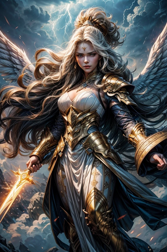 glorious victory scene,vivid colors,beautiful vintage warrior woman with very big white open wings,beautiful angry face,curly long hair,face to face with observer,white armor with gold embroid details, dynamic angle, storm sky and lightning clouds background