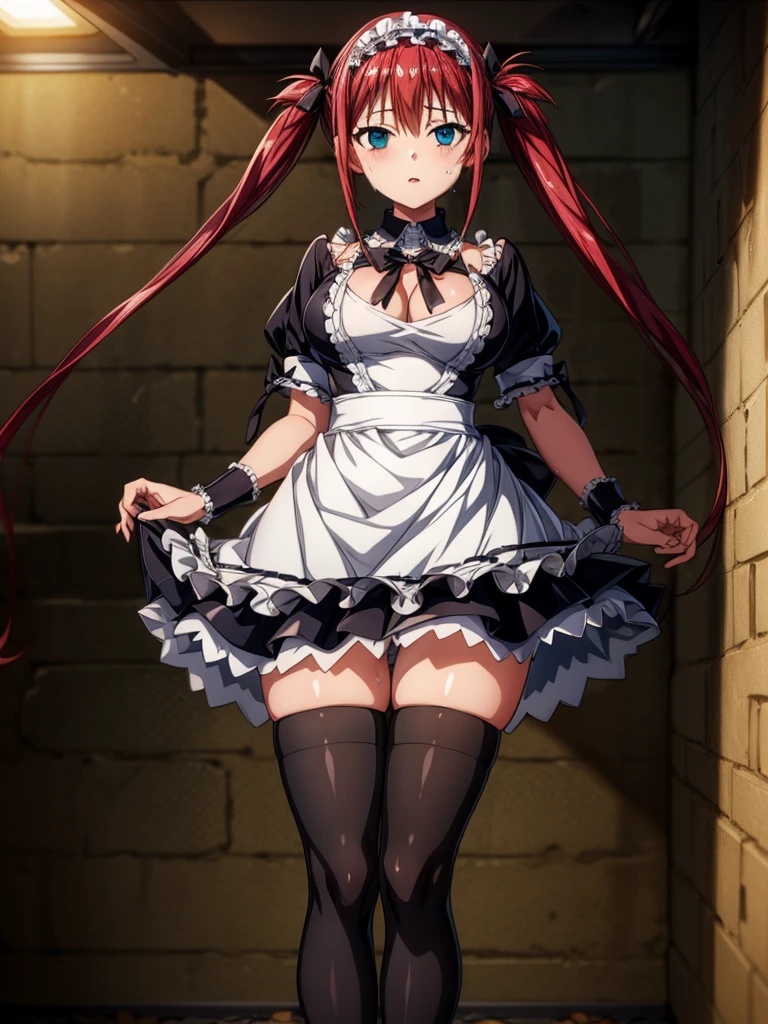Tabletop, highest quality, Airlive 4, Thighs Thighs Thighs, black Thighs Thighs Thighs, apron, zettai ryouiki, Maid, Maidの頭飾り, Cleavage, Wrist cuff,One girl,,(Spanning the viewer:1.4),Sweaty(,Dark basement:1.4),hypnoLora,
empty eyes