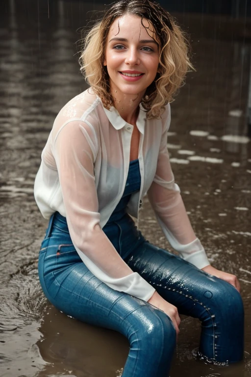 (wide flares on jeans:1.2), (Water-soaked clothing:1.17), (Best Quality,high resolution,bokeh:1.2),two woman,Pronounced wrinkles,platinum blonde hair,((very short frizzy Blunt Textured bob haircut)),Detailed eyes and face,white blouse,(standing:1.0),(big smile), (((sitting in a puddle at night in the pouring rain))), SoakingWetClothes, ((black high heel pumps)), ((show heels)), jeans are wrinkled from wetness, (((wet hair))) , water pouring through clothes and hair,  