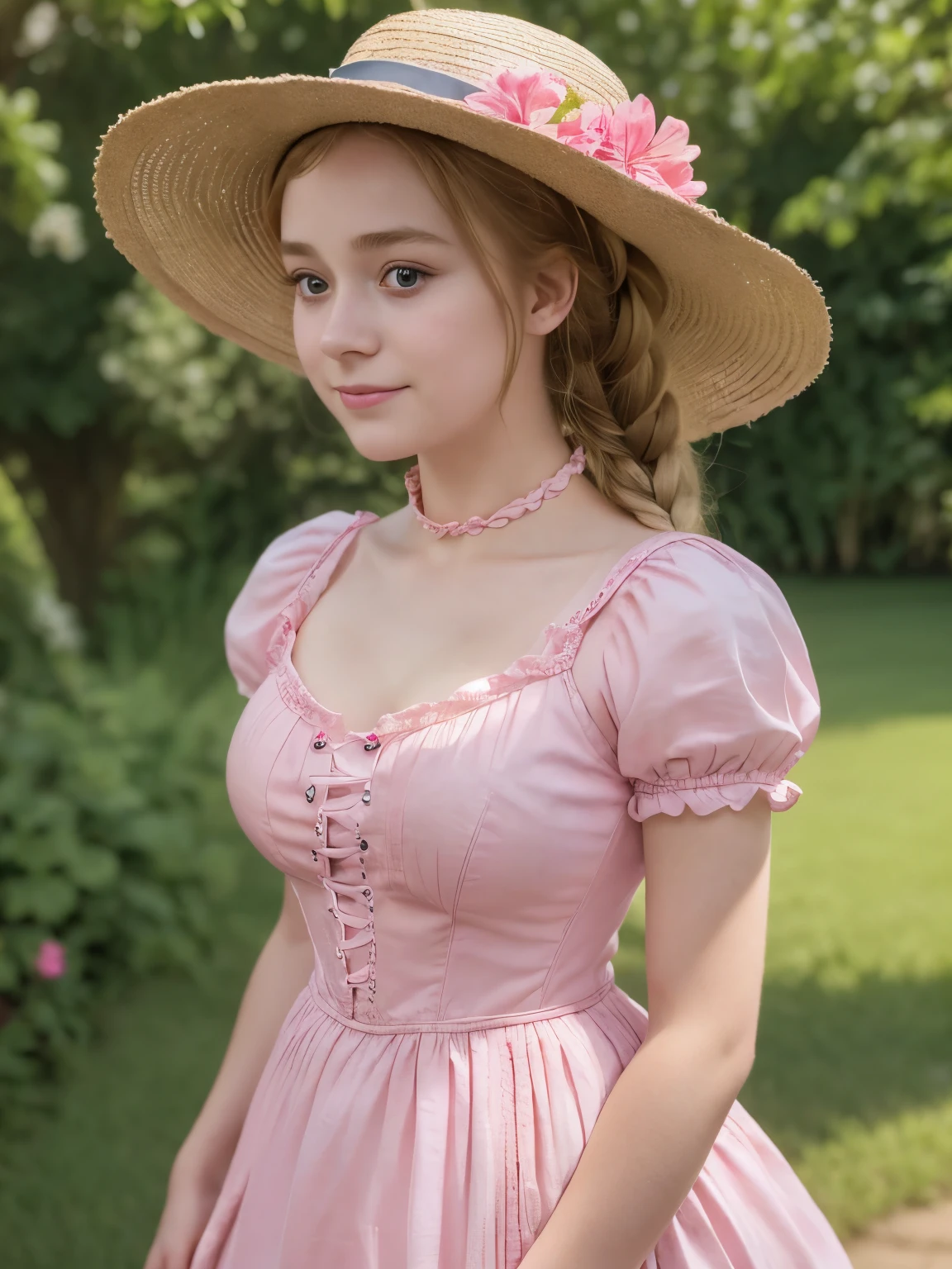 arafed woman in a pink dress and straw hat posing for a picture, with straw hat, frilled blooming collar, pale fair skin!!, 🌺 cgsociety, very pretty face, rosy cheeks, sadie sink, wearing a chocker and cute hat, wearing 10s era clothes, victorian style costume, belle delphine, gorgeous kacey rohl