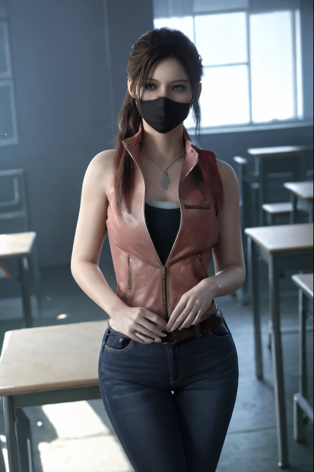 (masterpiece, best quality), 1girl , claireredfield2, wear jeans, in school, in masks