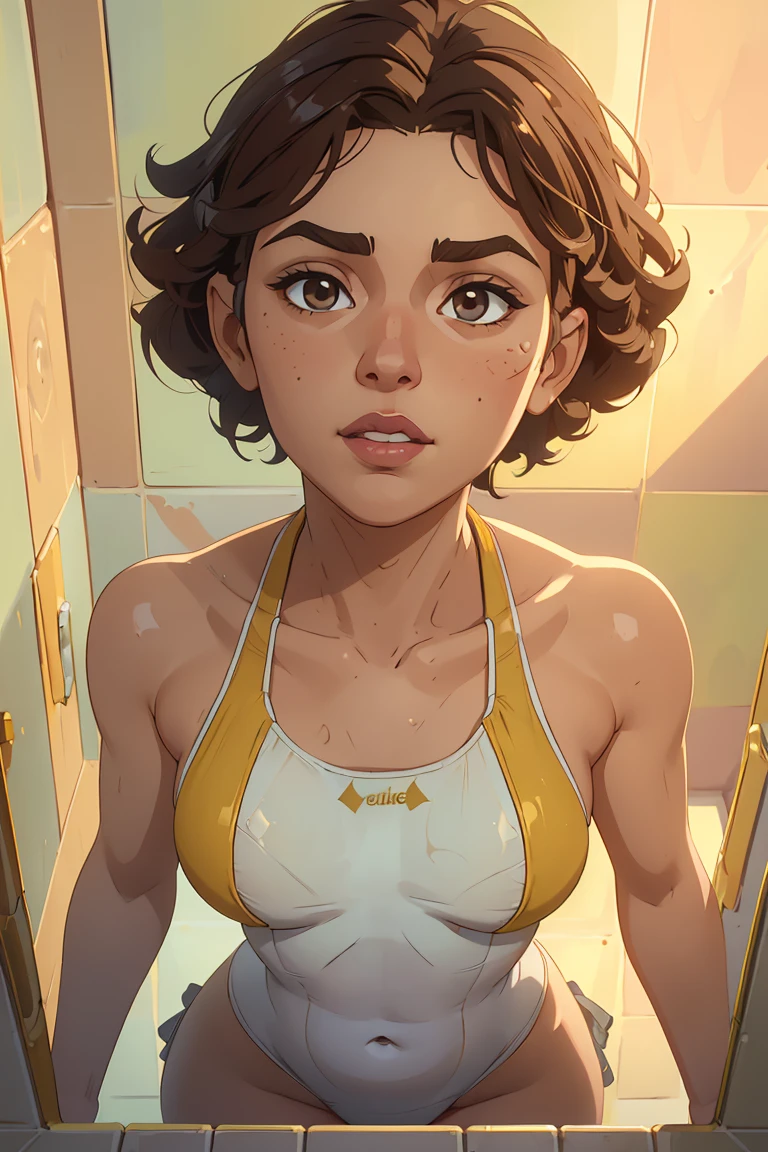 Solo, jewish girl, cascina caradonna, 1girl, (very curly open wild dark brown hair), wide seductive lips, smirking, skin, larger nose, high detailed face, 4k , camletoe, (small breasts, straight waist,wide hip, slightly chubby body,inflated legs,thick thighs,(detailed face)), 4k, look at camera, highly detailed face,(((full-body))), ((showering in brightly lit yellow tiled bathroom)), ((bikini)), (((looking up, perspective from top))), ((((upper body portrait)))), ((white one-piece swimsuit))