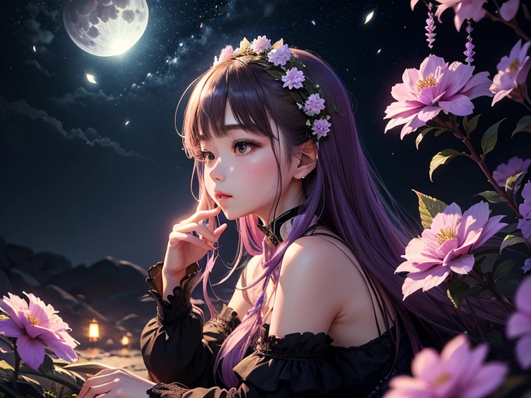 full moon、Beautiful starry sky、大きなfull moon、Moss phlox flowers budding in the moonlight々、Pink petal falling、Mysterious Background、mysterious wallpaper