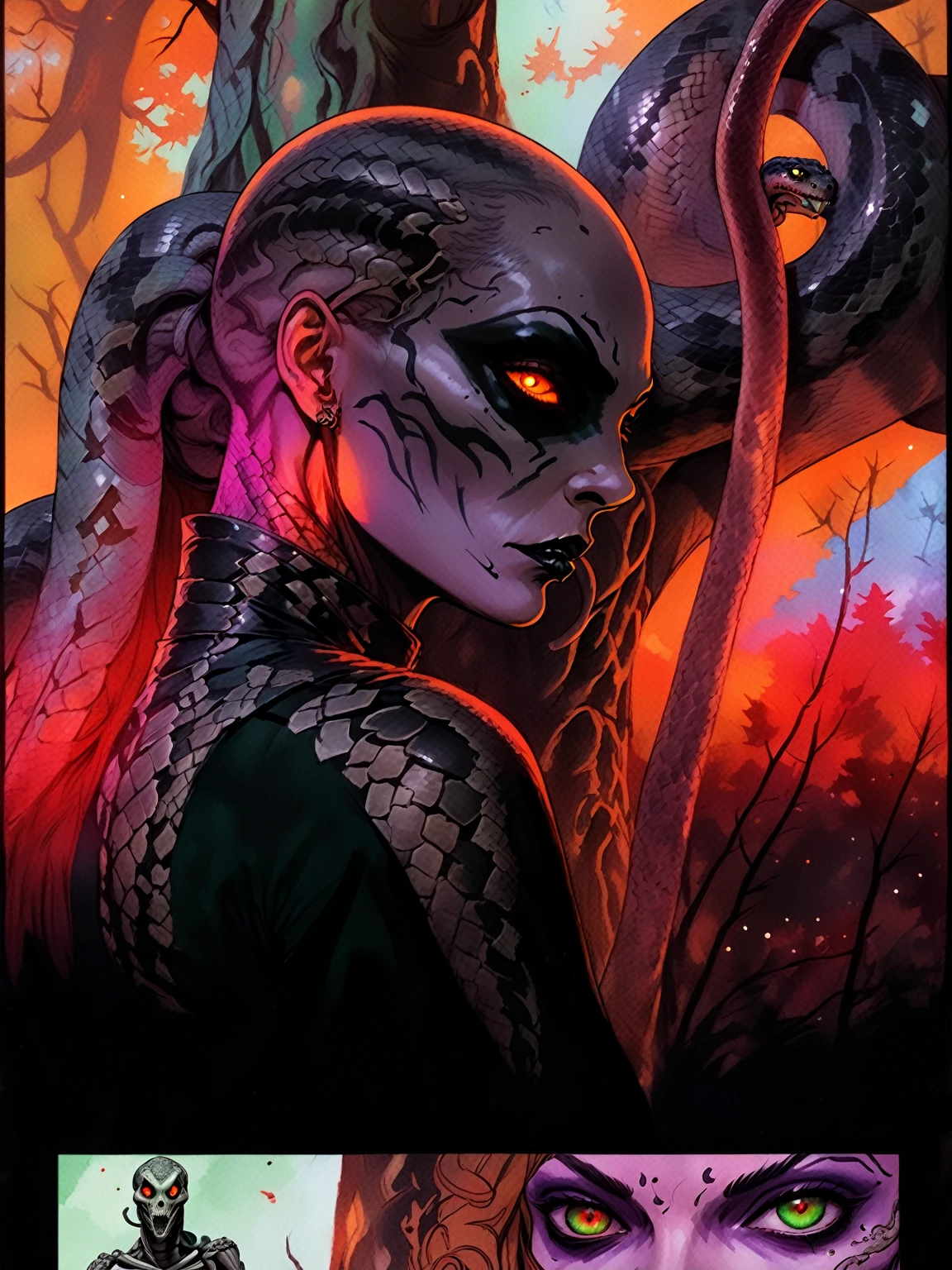 Medusa, splash page decompressed comic cover art, ink style figure,((expressive Joelle Jones and "Sean Gordon Murphy" comic drawing)), wordless, cinematic poster, double exposure, optical illusion, image within image, abyss void black no visibility darkness, full length portrait, (background, pine barrens, entropy, rewilding, magic hour sunset, galaxy stars, cosmos), (horror, abstract, surreal, body, cosmic), candid, snake skin dress, morphology anatomy drawn Frederic Delavier musculature anatomical illustration, (face, ornate black metal corpse paint, resembles Grace Jones), (body, Naga, snakefolk, lower body snake tail, snake woman hybrid, bald, hairless, skeleton, snake skin tattoos, piercing eyes, snake pupils, over the shoulder), (colors, bleak muted deep fiery radiant glowing ROYGBIV, forest green, earth brown), craftsmanship nuance, (Gerardo Zaffino charcoal), subliminal orchids, nyctophobia, silhouette