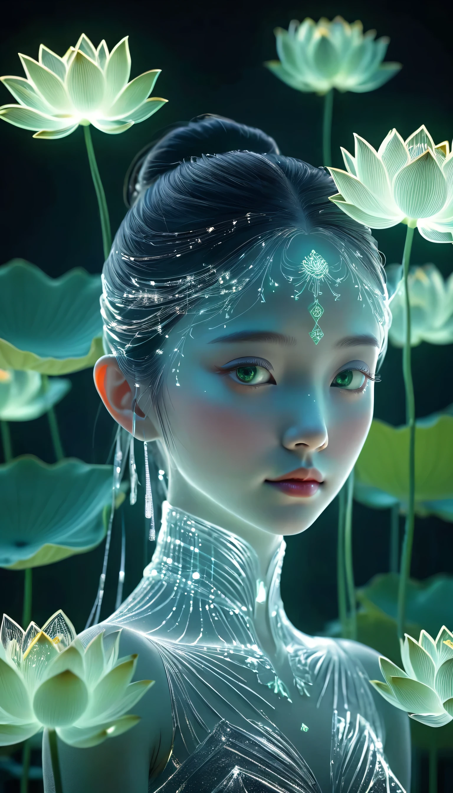 high resolution, Super detailed, (1 woman:1.3),Beautiful face,Perfect face,Art,(lotus)
Rest in the sun, reverberation, Experimental photography, Surreal contrasts, Eye-Catching Visuals, ArtAbstract,Atmosphere Breaking Cut Art, Layered contours, Complex Mode, Exquisite craftsmanship, shadow play, Depth and size, creative expression,
Break Art, Frozen sculpture, translucent form, short-lived beauty, Crystal structure, Exquisite craftsmanship, Touch,
Broken Green Eye,Body Glow,glowing lines,Fluorescence,Glow Example,Sample tracking,flash,萤Light Particles,Backlight,translucent,Light Particles