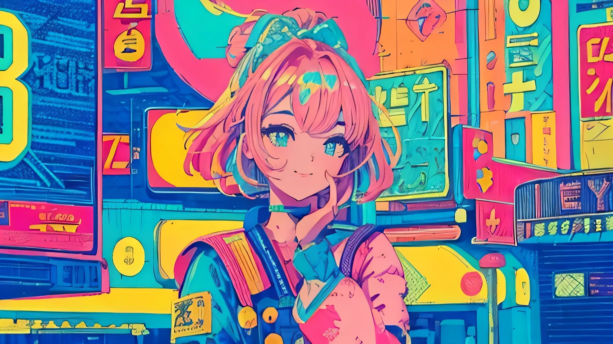 best quality, 4k wallpaper, masterpiece, very detailed CG Unity 8k 벽지, very detailed 눈, very detailed, intricate details, Close up one happy girl in the center, retro art style, neon_pop art style, public, outdoors, road sign, city, people