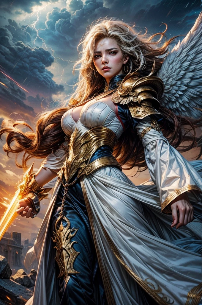 glorious victory scene,vivid colors,beautiful vintage warrior woman with very big white open wings,beautiful angry face,curly long hair,face to face with observer,white armor with gold embroid details, dynamic angle, storm sky and lightning clouds background