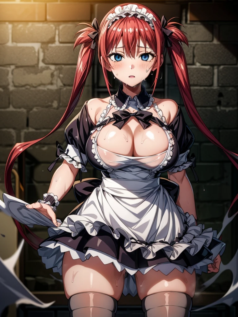 Tabletop, highest quality, Airlive 4,  Thighs Thighs Thighs, black Thighs Thighs Thighs, apron, zettai ryouiki, Maid, Maidの頭飾り, Cleavage, Wrist cuff,One girl,,(Spanning the viewer:1.4),(Sweaty:1.4),(Dark basement:1.4),hypnoLora,
empty eyes