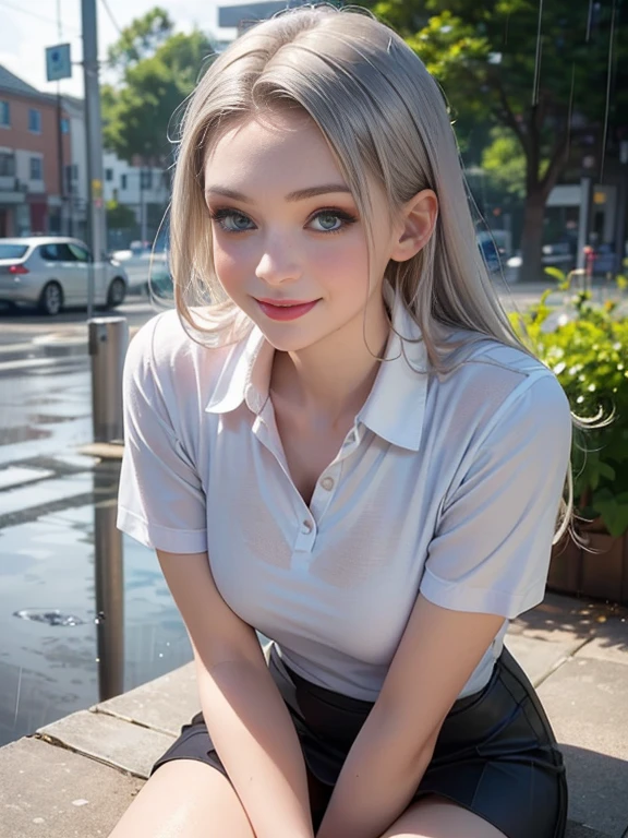 (best quality, 8k, photorealistic:1.5), (solo, one girl:1.5),(shine a bright light on women),(ultimate beautiful girl),(shiny skin),(oily skin),(Silver Ash Hair:1.3),(long hair:1.3),(cool beauty:1.5),(Blush brown makeup),(use pink glossy lipstick),(big beady eyes girl:1.5),(droopy eyes girl:1.5),(Big Eyes),(healthy body),(sweet smelling girl),(virgin girl),chuuChloe,(impressive eyes),(clean girl),(cute),(relaxing time),(compassion),(impurity),(love filled),(No love experience),(ager),(Lovely),(university student:1.5),(smile:1.5),(gentleness),(Sociable),(good at looking after),(positive),(goodness),(sensible),(flash),(Favorable),(mini skirt),(Polo shirt),(It's raining outside)