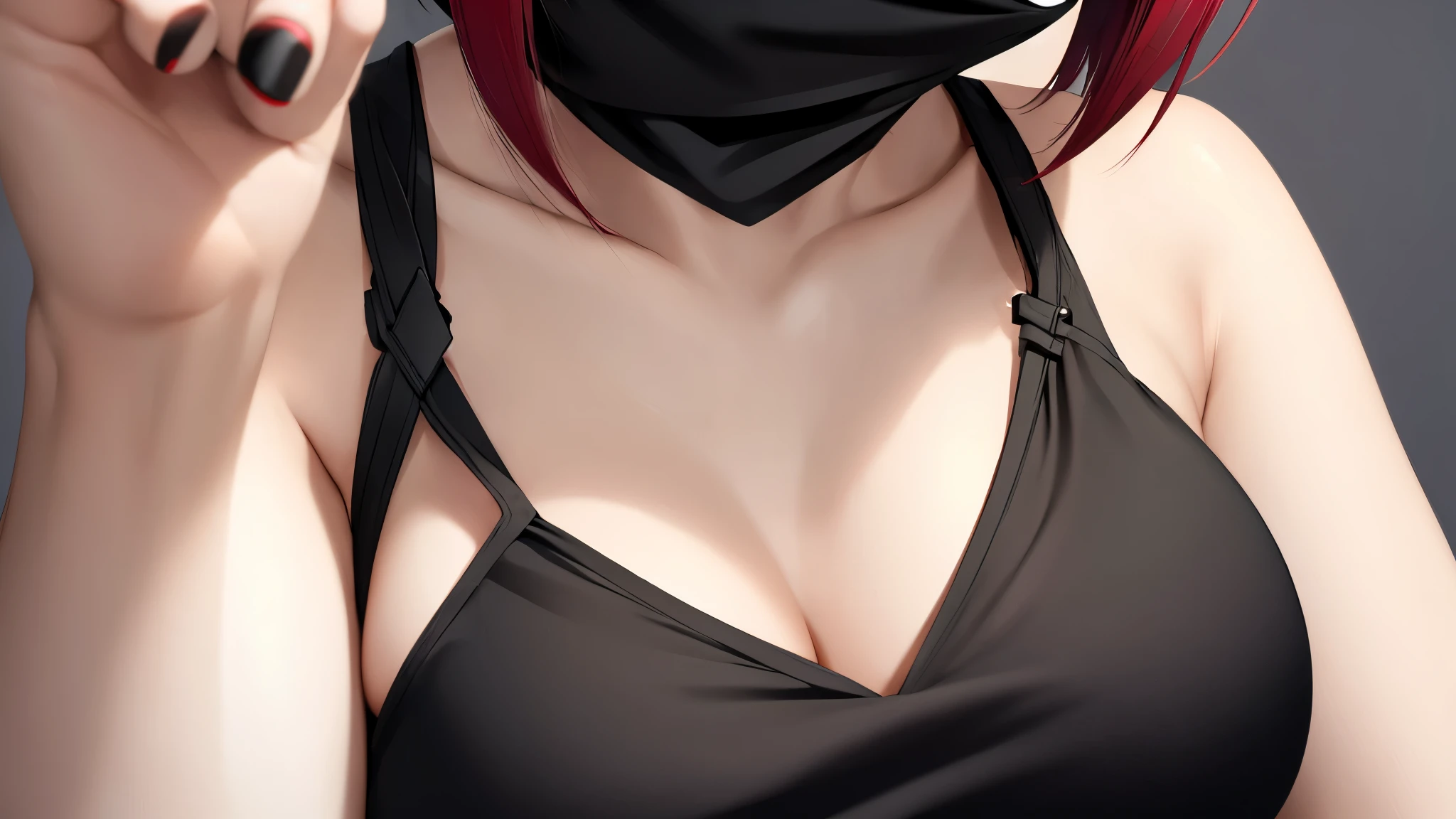 Beautiful girl, black tanktop, underwear only, best quality, more details, masterpiece, 1girl, portrait, close-up, female focus, red eyes, solo, mask, black nails, hood, short hair, black background, hand up, nail polish, mouth mask, teeth, white hair, black mask, luxurious, 8k, detailed, ray tracing, depth of field,nsfw
