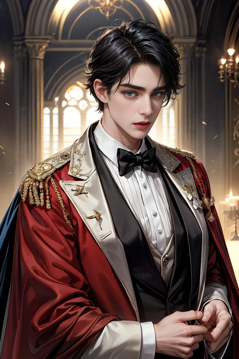 
masterpiece, 最high quality, high quality, 1 boy, alone, Male focus, Watching the audience,  Messy black hair, Adorable big blue eyes, White, Noble, Noble, Beautiful Vampire、Tuxedo、A very voluminous, large, very large, very large, long, long red and black cape with a high stand-up collar, made of a lot of fabric that reaches down to the floor., ,Cute beautiful boys,Cute, cute, kind, handsome guy