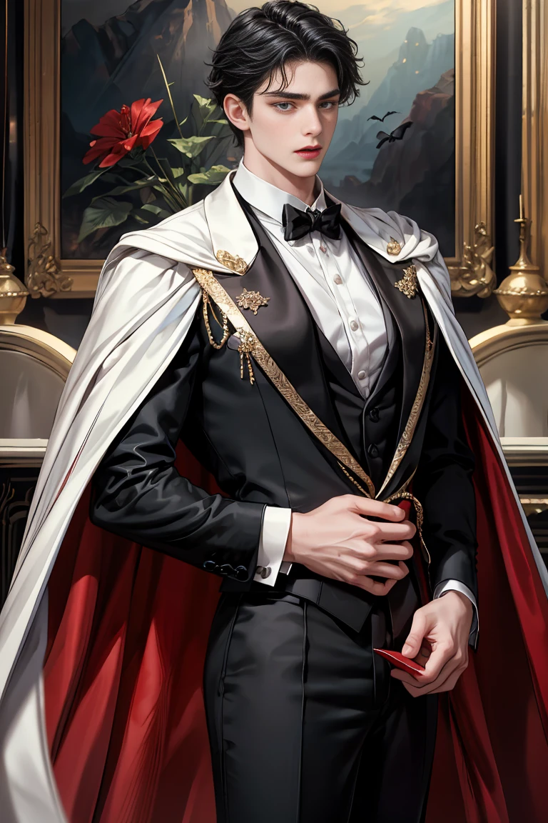 
masterpiece, 最high quality, high quality, 1 boy, alone, Male focus, Watching the audience,  Messy black hair, Adorable big blue eyes, White, Noble, Noble, Beautiful Vampire、Tuxedo、A very voluminous, large, very large, very large, long, long red and black cape with a high stand-up collar, made of a lot of fabric that reaches down to the floor., 17 years old,Cute beautiful boys,Cute, cute, kind, handsome guy