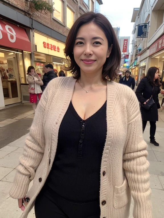 8k quality，masterpiece,best quality,cleveage,Shopping street,(Perfect body beauty:1.2),Black underwear exposed,（Chest：1.4），sweater，Smile，Go shopping,clothes open,A woman who looks 50 years old,Slightly plump women，A beautiful woman who looks a bit older，