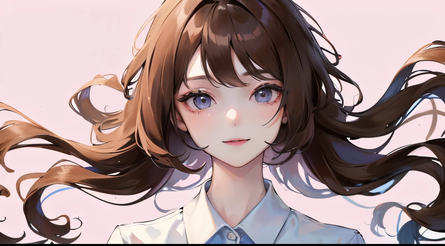 (((1 personの少女)))、((1 person)),Masterpiece,best quality, ((Shy smile))), ,(((Date)))、,((White shirt))、((Pale pink background))、determined expression, Upper body diagram、 (Highest Resolution、Clear_image)、Best Quality、Light and shadow contrast、((illumination))、Very detailed、Semi-realistic、Short hairstyle、Brown Hair、bangs、19 years old、　Lady,,young、((View from top))、Delicate Facial Features