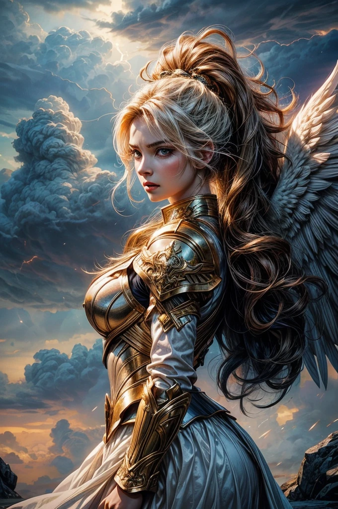 glorious victory scene,vivid colors,beautiful vintage warrior female angel,very big white open wings,beautiful angry face,curly long hair,face to face with observer,white armor with gold embroid details, dynamic angle, storm sky and lightning clouds background