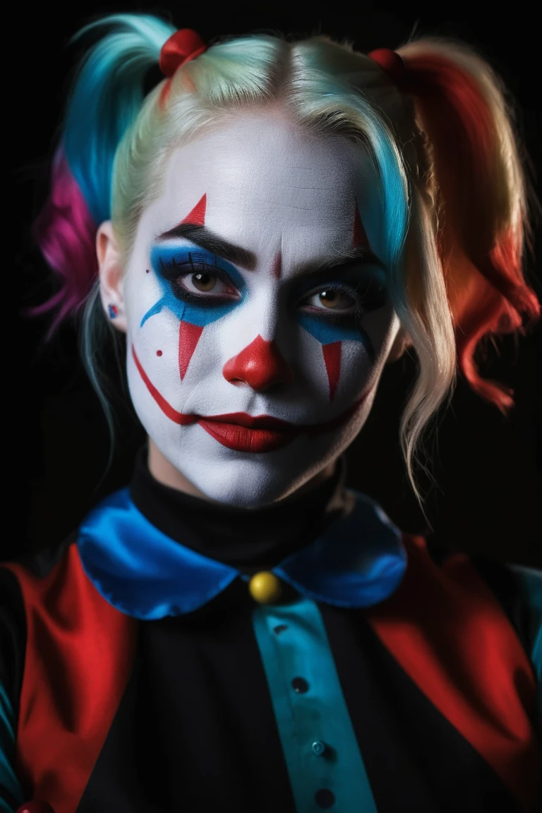 (nude photography. Head-to-toe in frame), ( Harley Quinn, clown makeup), grim smile, relaxed pose, movie shot, serious, menacing, chiaroscuro style photo, dark background, minimalism, dramatic lighting, professional quality, dull highlights and shadows, natural and original, photorealistic, UHD, 32k, photo real, photo realistic, (skin detail), (skin pores),