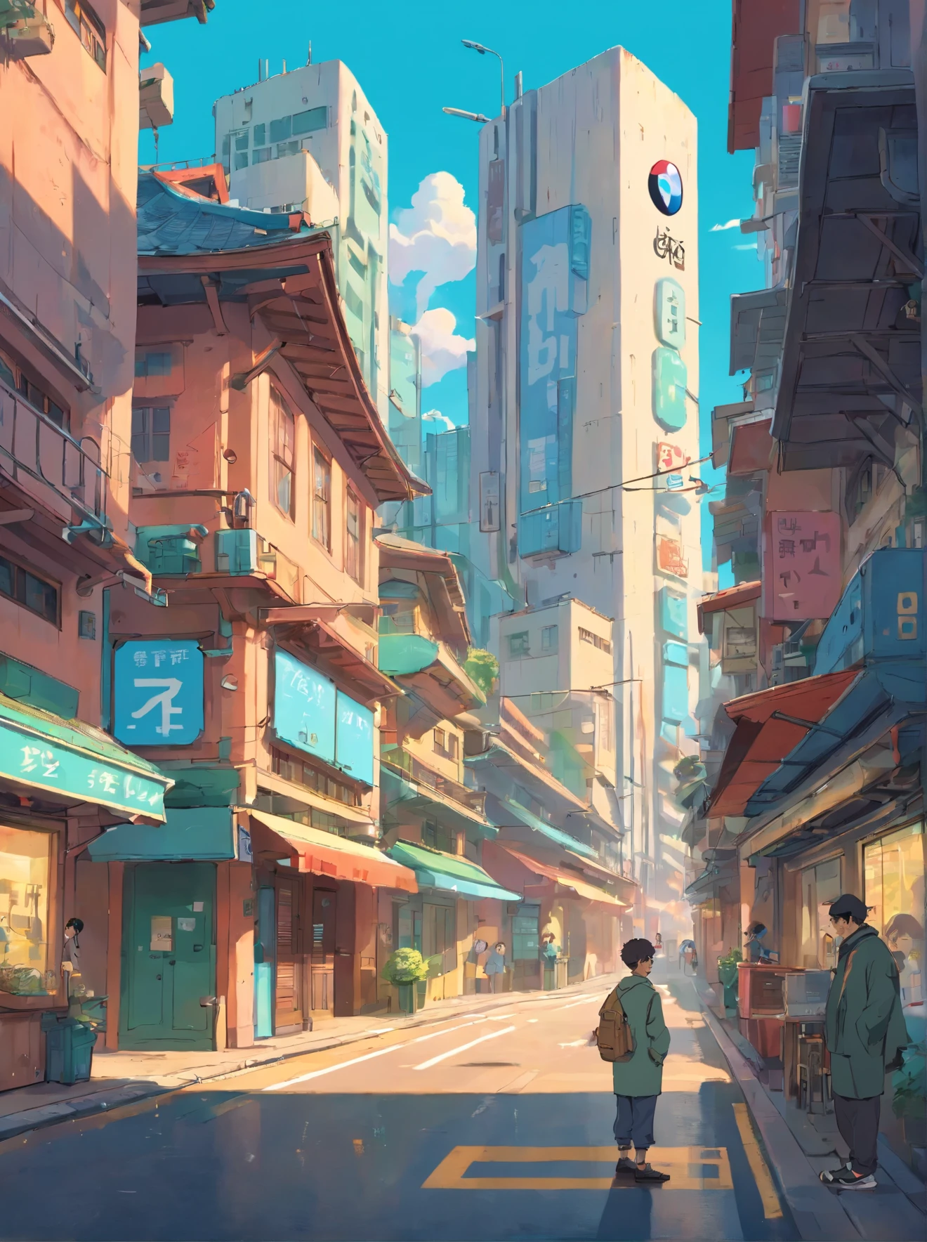 A very old bmw stations in a street of a futuristic city with next to a black rapper looking at the camera his smartphone in hand