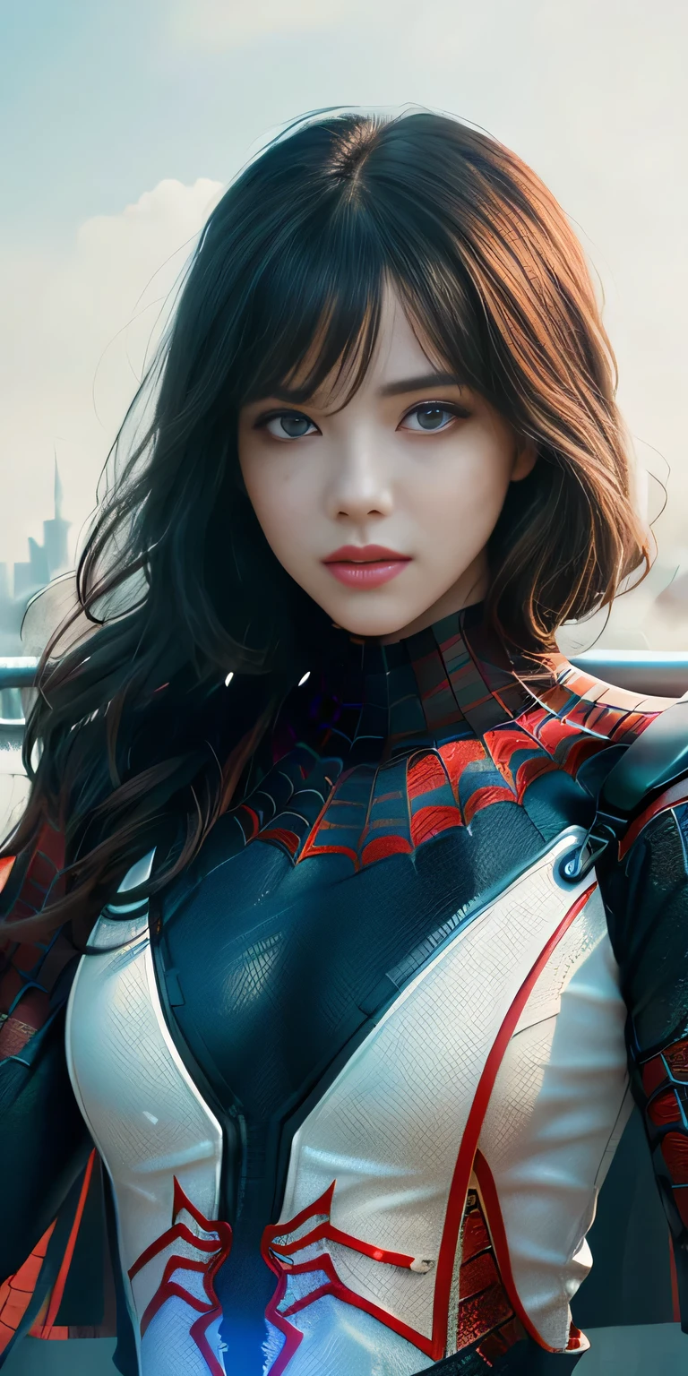 (1girl:1.3), Solo, (((Very detailed face)))), ((Very detailed eyes and face)))), Beautiful detail eyes, Body parts__, Official art, Unified 8k wallpaper, Super detailed, beautiful and beautiful, beautiful, masterpiece, best quality, original, masterpiece, super fine photo, best quality, super high resolution, realistic realism, sunlight, full body portrait, amazing beauty, dynamic pose, delicate face, vibrant eyes, (from the front), She wears Spider-Man suit, red and black color scheme, spider, very detailed city roof background, rooftop, overlooking the city, detailed face, detailed complex busy background, messy, gorgeous, milky white, highly detailed skin, realistic skin details, visible pores, clear focus, volumetric fog, 8k uhd, DSLR, high quality, film grain, fair skin, photo realism, lomography, futuristic dystopian megalopolis, translucent