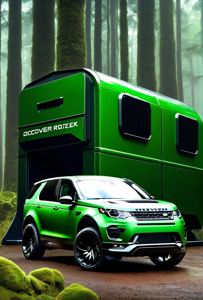 Create a picture of the 2024 Land Rover Discovery Sport, modified with dark cement paint work cyberpunk theme by Kahn Design, "Disco" Text in Katakana letter on the door, crawling the highland with the lush green towering Pinus merkusii forest, oil on canvas painting with Don Lawrence photorealistic style, octane render