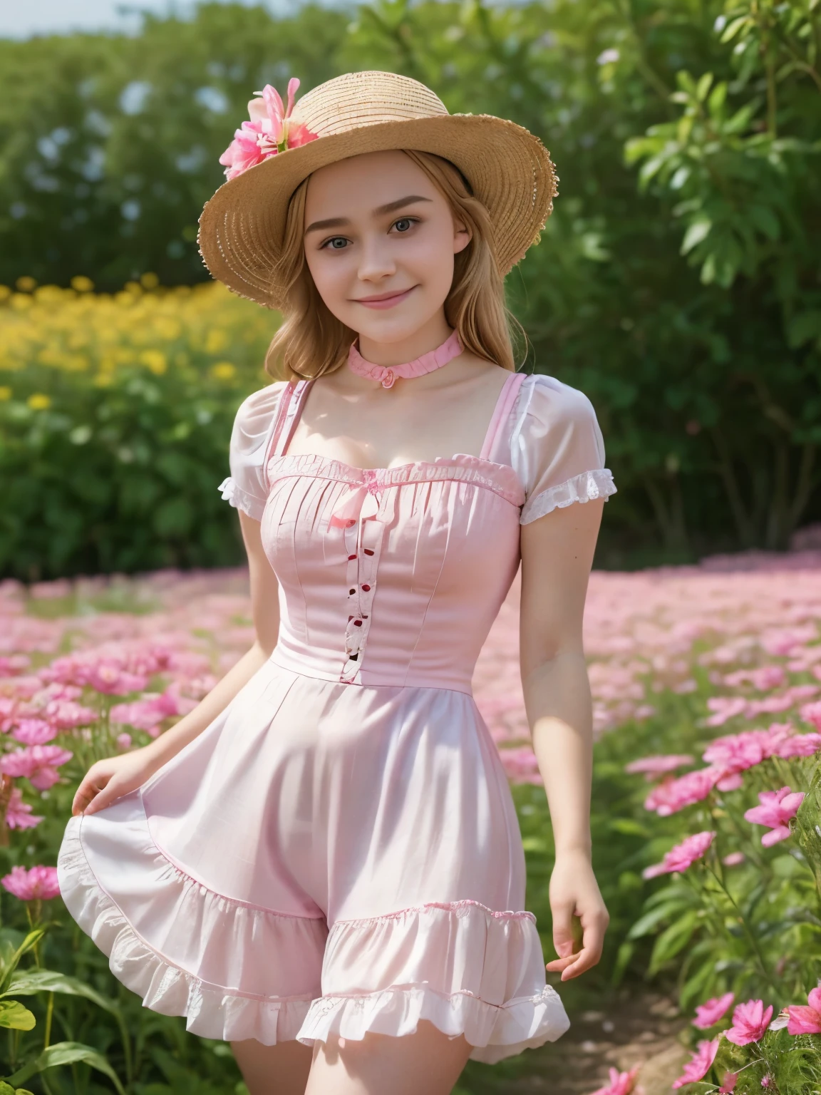 arafed woman in a pink dress and straw hat posing for a picture, with straw hat, frilled blooming collar, pale fair skin!!, 🌺 cgsociety, very pretty face, rosy cheeks, sadie sink, wearing a chocker and cute hat, wearing 10s era clothes, victorian style costume, belle delphine, gorgeous kacey rohl