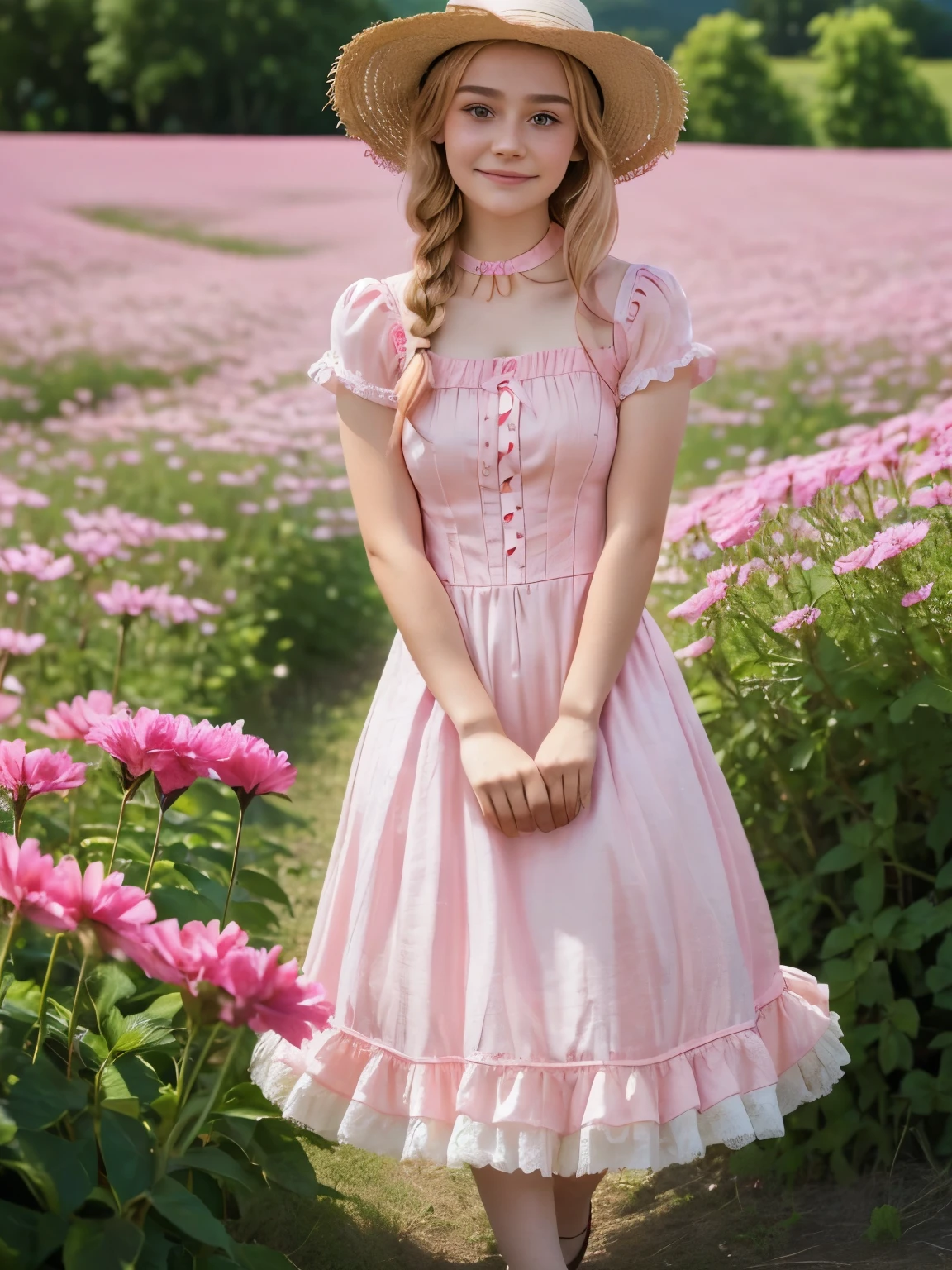 arafed woman in a pink dress and straw hat posing for a picture, with straw hat, frilled blooming collar, pale fair skin!!, 🌺 cgsociety, very pretty face, rosy cheeks, sadie sink, wearing a chocker and cute hat, wearing 10s era clothes, victorian style costume, belle delphine, gorgeous kacey rohl