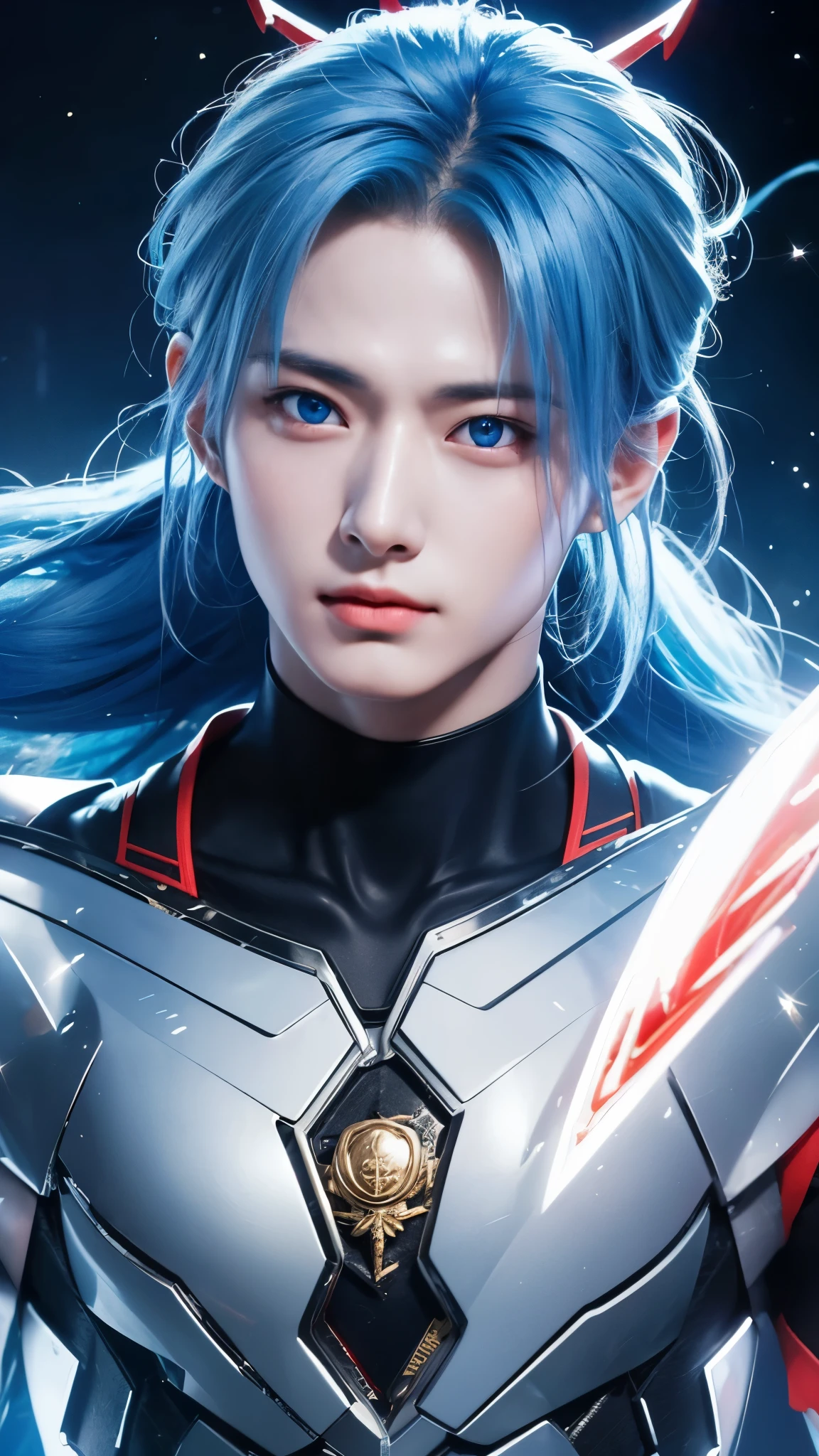 "Enjoy a visual feast as you witness the astonishing transformation of the handsome 20-year-old Saitama, a being of unparalleled strength and captivating aura. With vibrant blue hair and piercing red eyes , this energetic person will surprise you."