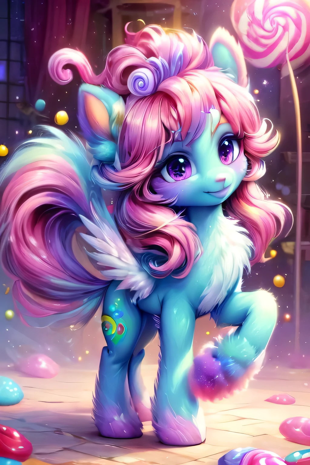 fantasy art , 8K, HD, Creature magic,coloful,candy,female,cute,pretty,pony,mane cotton candy,hull crystal candy,tail cotton candy,furry