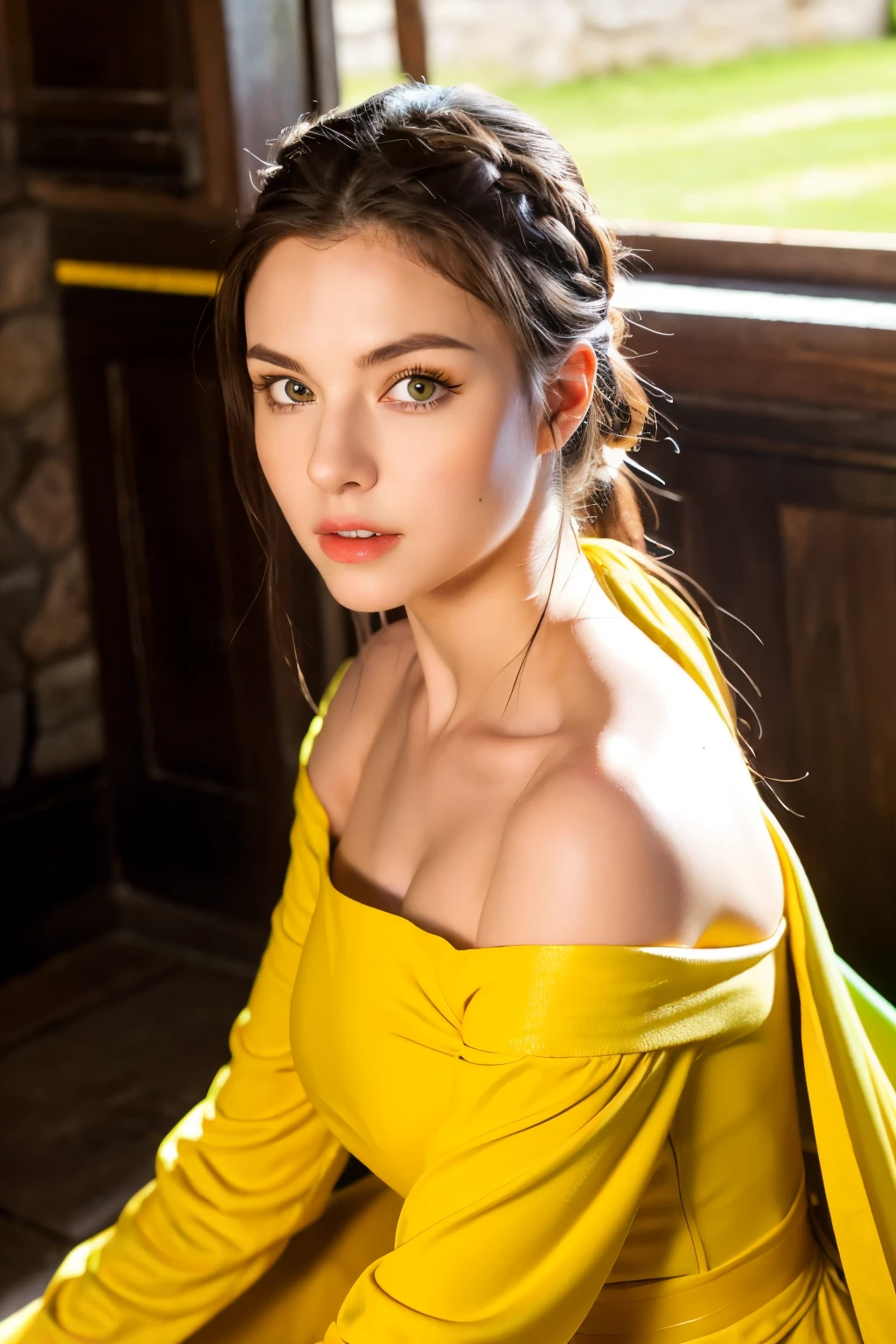((best quality)), ((masterpiece)), (detailed), perfect face A sexy woman is sitting prepare for fight in a castle, she is wearing yellow and red clothing with blue eyes and she was holding a green and yellow sword. The scene appears to be in brightly dark, with the individual being the main focus of the image