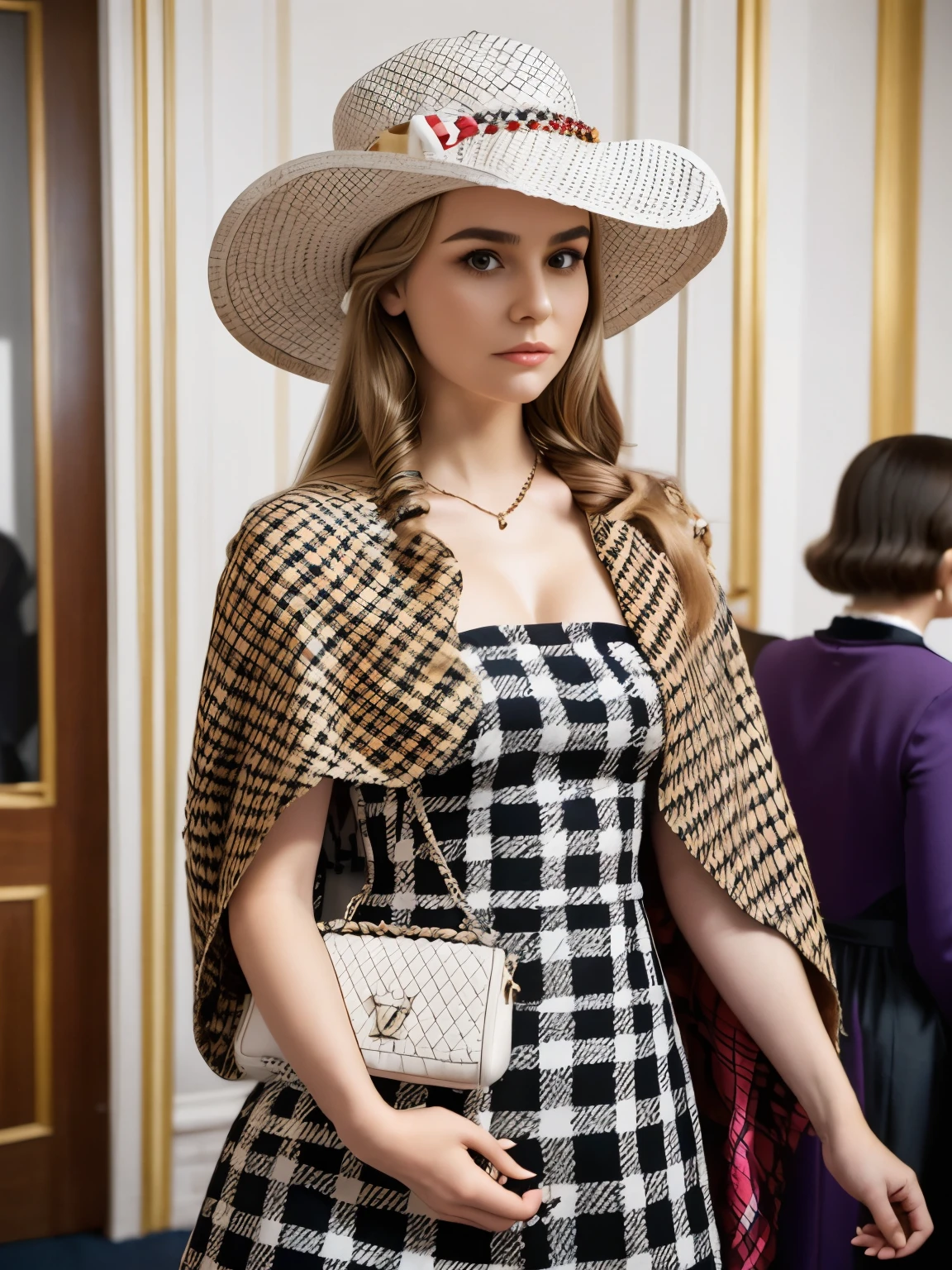 araffe woman in a plaid dress and hat with a white bag, a photo by Anita Malfatti, tumblr, renaissance, 60s style, 6 0 s style, chequered cape, 1960s style, official dior editorial, retro 6 0 s fashion, look, vintage fashion, official vuitton editorial, 7 0 s style