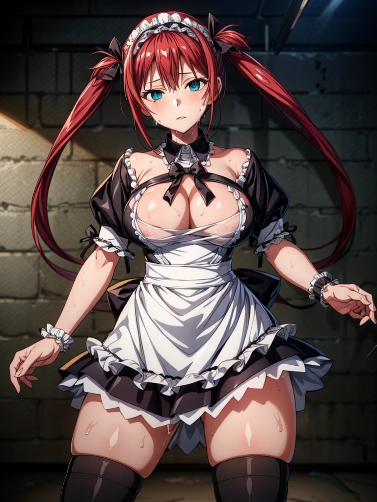 Tabletop, highest quality, Airlive 4, Thighs Thighs Thighs, black Thighs Thighs Thighs, apron, zettai ryouiki, Maid, Maidの頭飾り, Cleavage, Wrist cuff,One girl,,(Spanning the viewer:1.4),(Sweaty:1.4),(Dark basement:1.4),hypnoLora,
empty eyes,Tattered clothes