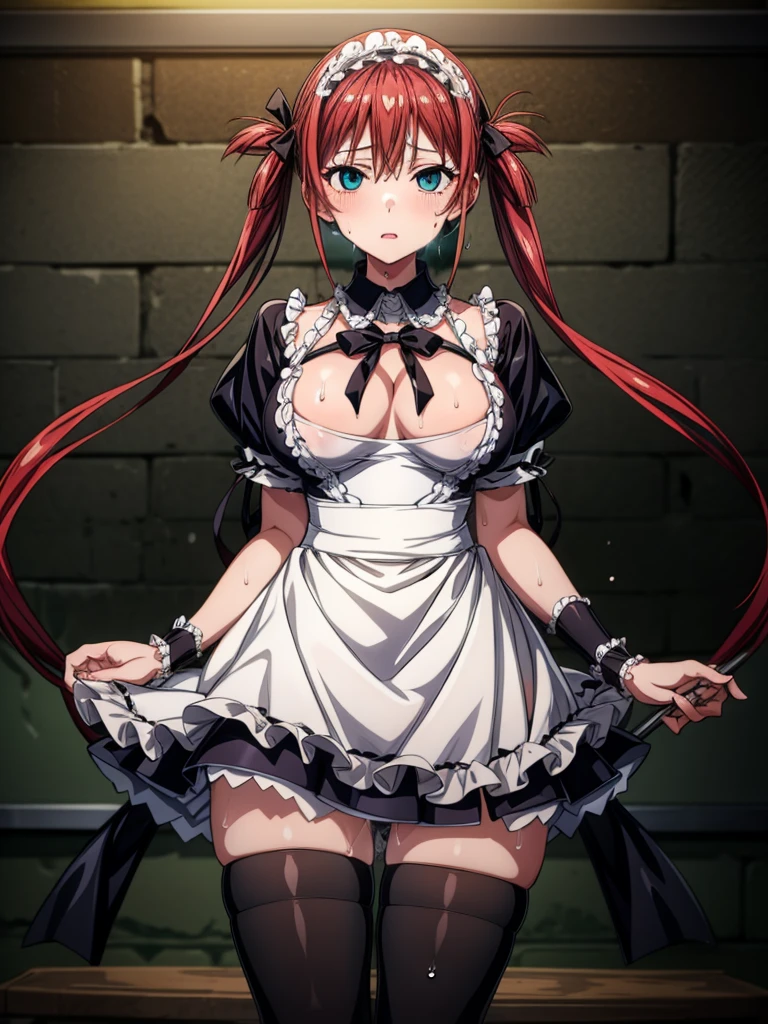 Tabletop, highest quality, Airlive 4,  Thighs Thighs Thighs, black Thighs Thighs Thighs, apron, zettai ryouiki, Maid, Maidの頭飾り, Cleavage, Wrist cuff,One girl,,(Spanning the viewer:1.4),(Sweaty:1.4),(Dark basement:1.4),hypnoLora,
empty eyes,Tattered clothes