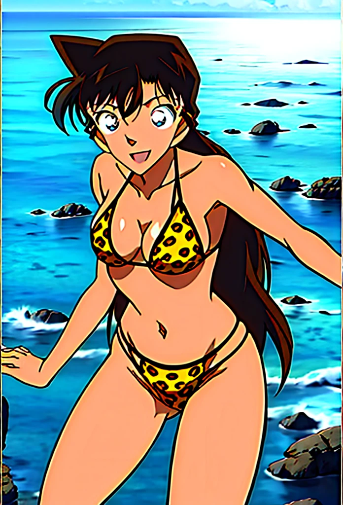 1girl, Hikaru Hiyama, (Masterpiece, Best Quality, High Quality), ultra detail hair, ultra detail face, perfect eyes, perfect face, earring, purple eyes, night club, smirking,Leopard print leotard, leopard print thigh highs, curvy hips, queen tiara
