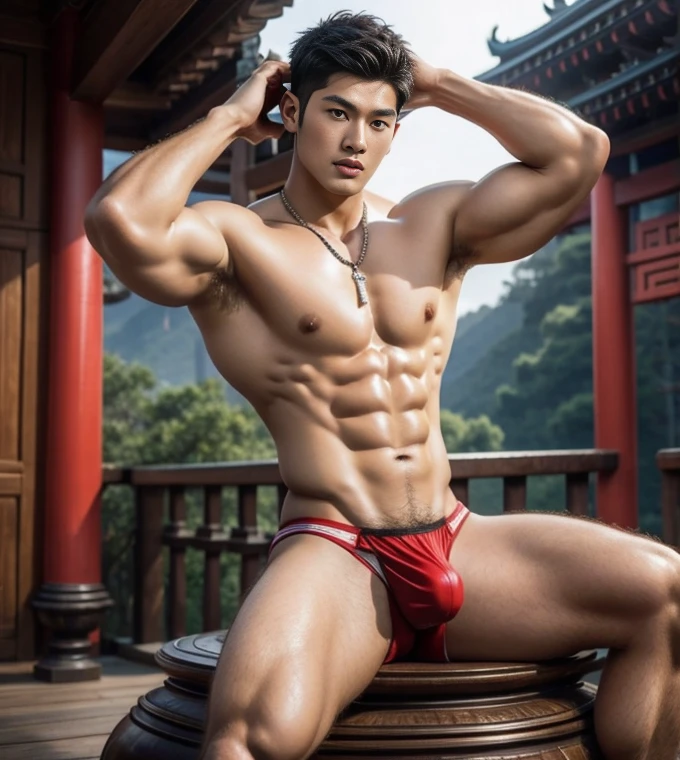 1 handsome Chinese guy,wet body, wet hair, 18-year-old male high school student,majestic,Who is Shi Yu?, Li Yuanbin, Kim Hyung Tae, Kim Hyung Tae, Yin Shishan, Wang Yi Bao, Li Xian , Leo Wu, Handsome Chinese muscular guy,Broad shoulders and narrow waist,A handsome guy wearing white brief, wet skinny brief, transparent brief underwear ( see through),Form-fitting fabric contours the bust, bare chest,in a buddism pagoda,buddism statues background, detailed background, 4 hands tied over the head,Hands tied behind the head,hands tied top the head,Masculine and sexy,High,Muscles look good,manly, hairy body,Wheat complexion,black eyes(thin eyes 1:3),whole body image, bare butts, nice butts, big bulge , long big dick masturbate, perfect dick, erection dick in good shape, open legs, , Chinese Men God, Mythology, realistic, Chinese odyssy, super Handsome,manly, kpop idol, handsome korean actor, 20 years old,, detailed face, manly jawline, detailed mess curly styling hair, Topless, Muscles, big breast Athlete body, Full Frame,full body shoots, Sexy, realistic, human skin, tattoo breast, Professional studio Lighting, long red tibet wedding Outfit, jade and golden pendent all over , detailed jewery in dress, earings,Chinese ancient wedding Background,out door, super detailed background,look at camera , open mouth, sexy Underneathe Underwear, tibet Warrior, Hanfu red wedding dress, tibet Male, tibet Nobel, Seduce , bare chest , tattoo chest, tattoo arms, tattoo hands, tattoo back, tattoo legs , big juicy butts